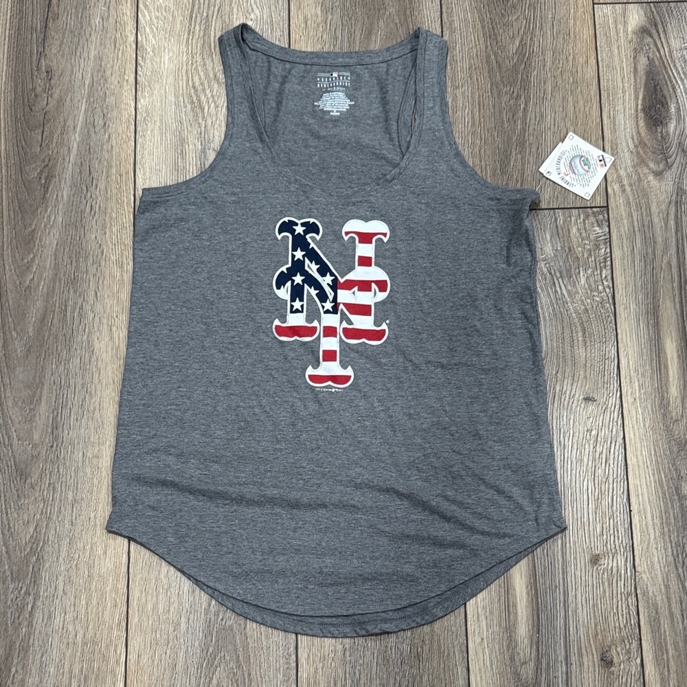 NWT Baseball New York Mets Patriotic Gray Tank Top with Flag Design MED
